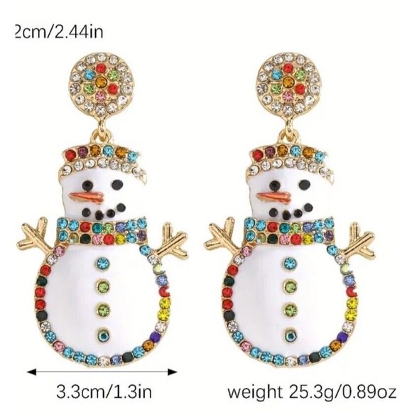 White Enamel Happy Snowman Outlined in Colorful Rhinestones - Picture 2 of 4